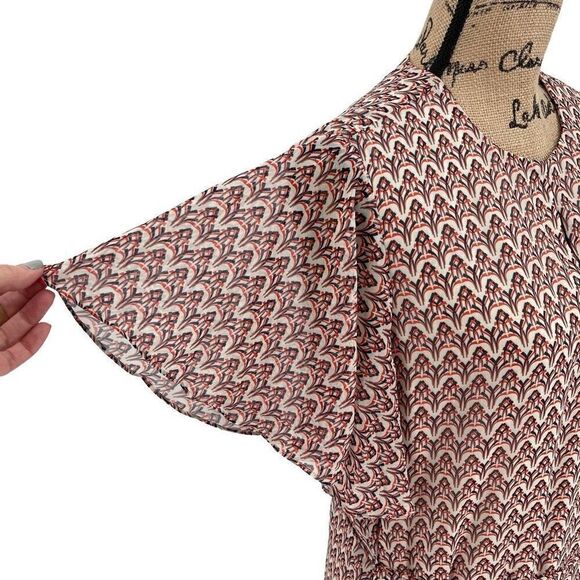 Reiss Anna Printed Flippy Dress Knee Length Short Ruffle Sleeve Women 10 Cream - Picture 4 of 10